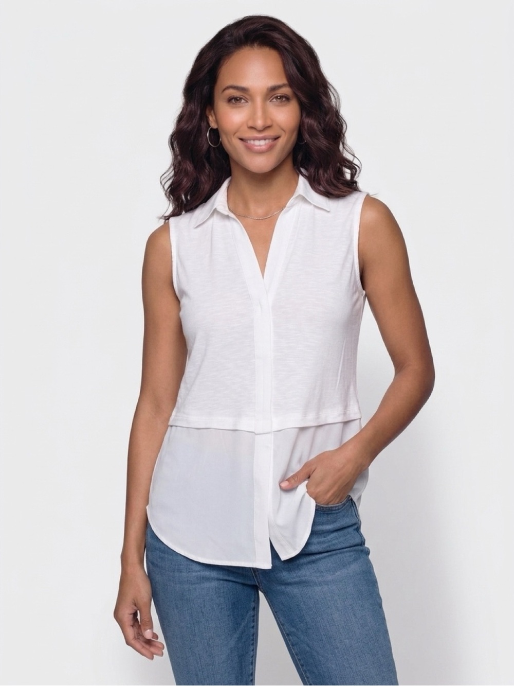 Max Studio White Sleeveless Layered Button-Front Shirt